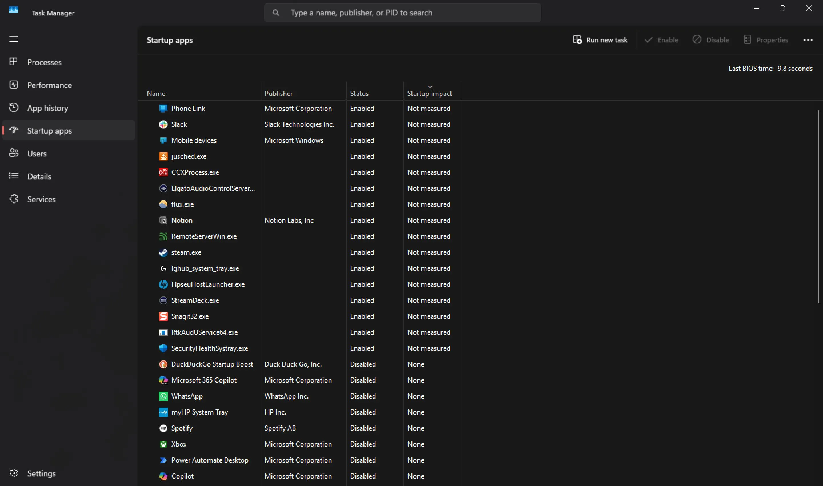 Tab &quot;Startup apps&quot; (Ứng dụng khởi động) của Task Manager liệt kê các ứng dụng được bật hoặc tắt khi khởi động Windows