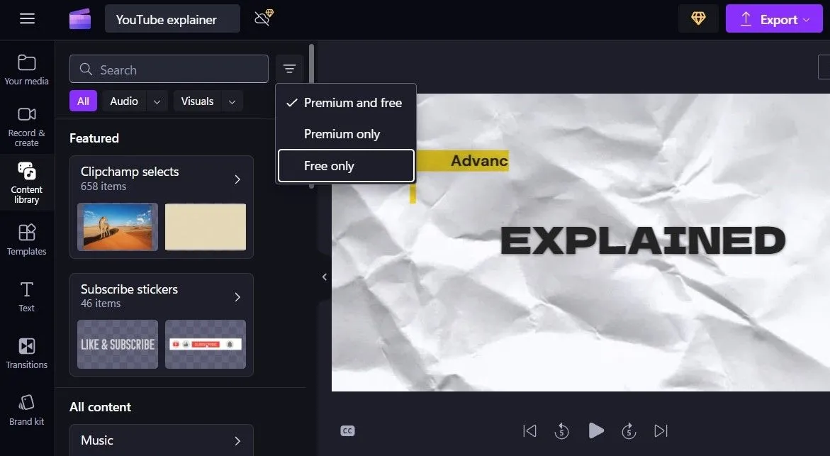 Tab thư viện nội dung phong phú trong Clipchamp