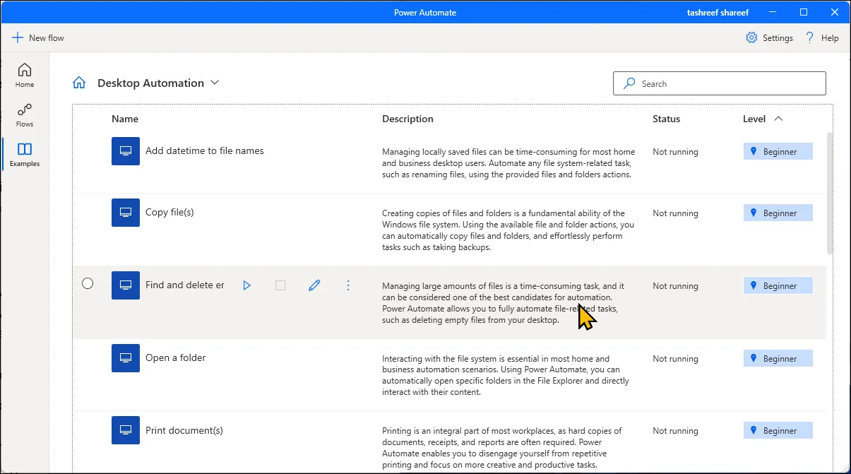 Tab 'Ví dụ' đang mở trong Microsoft Power Automate trên Windows 11, hiển thị các luồng tự động hóa mẫu.