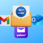 Tài khoản email phụ với biểu tượng lọc và logo Gmail, Yahoo Mail, Outlook