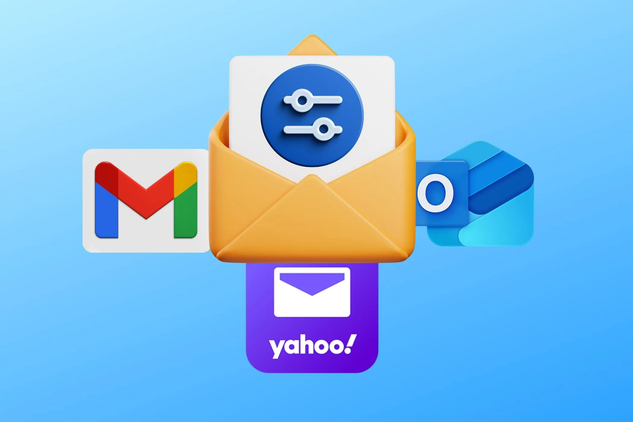 Tài khoản email phụ với biểu tượng lọc và logo Gmail, Yahoo Mail, Outlook