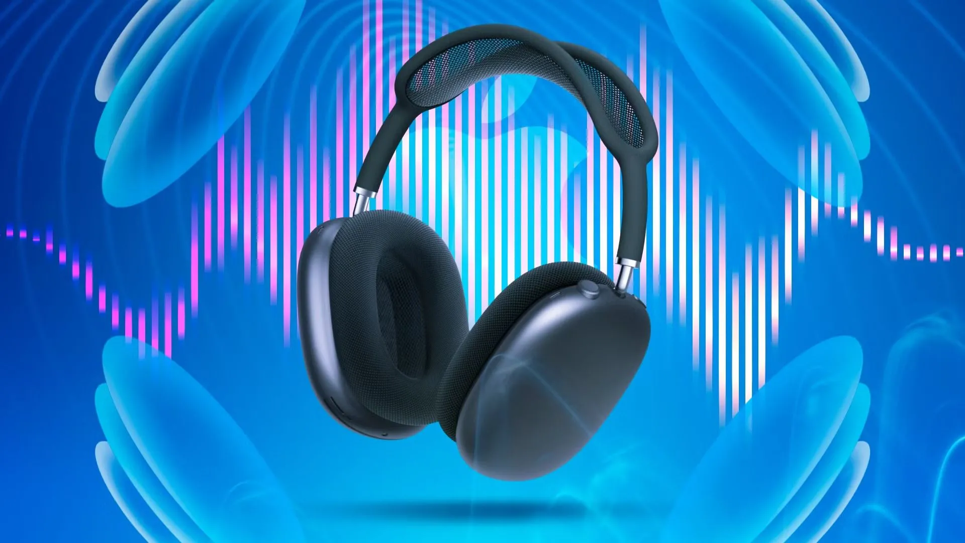 tai nghe AirPods Max màu xanh không gian với hiệu ứng sóng âm thanh, tượng trưng cho chất lượng âm thanh lossless.