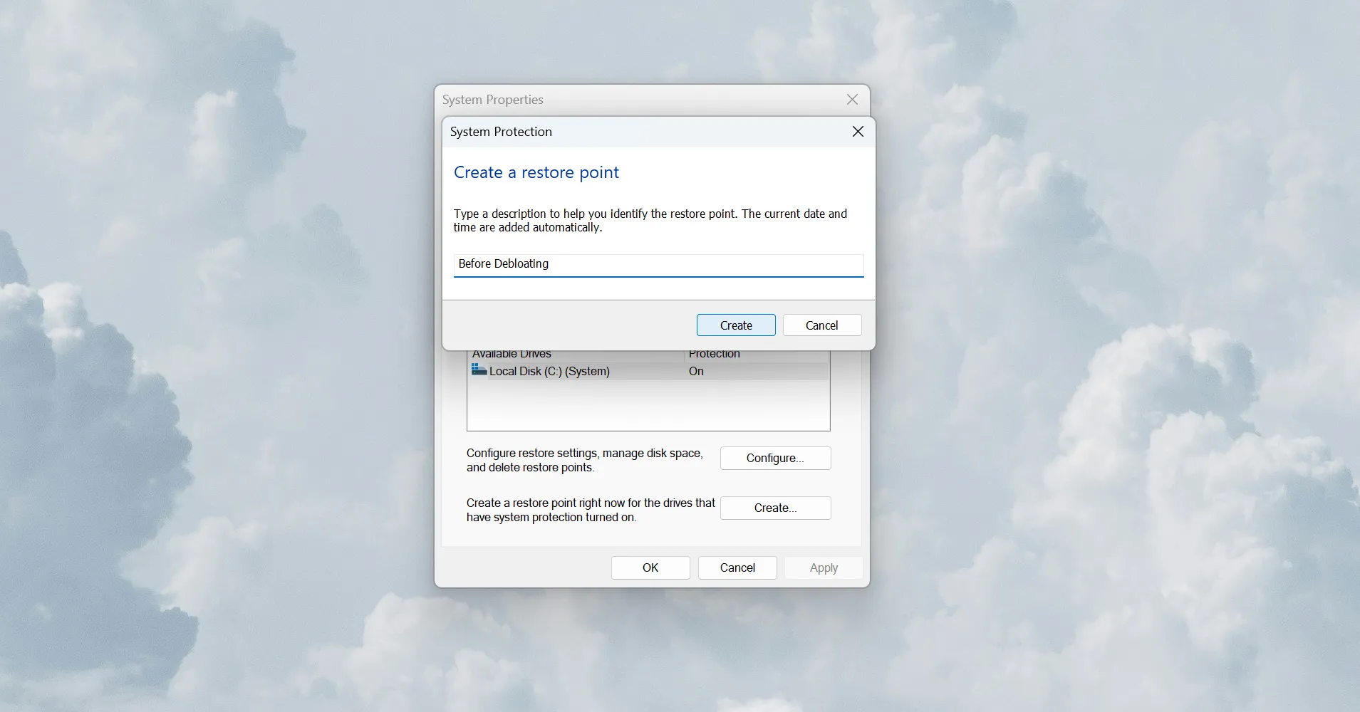 Tạo điểm khôi phục hệ thống trước khi gỡ bloatware trên Windows
