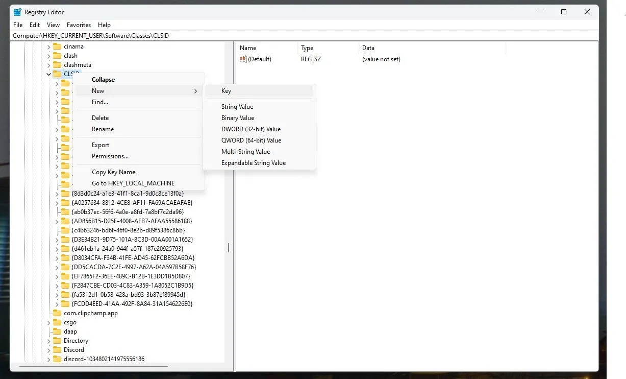 Tạo khóa mới {86ca1aa0-34aa-4e8b-a509-50c905bae2a2} trong Registry Editor của Windows 11