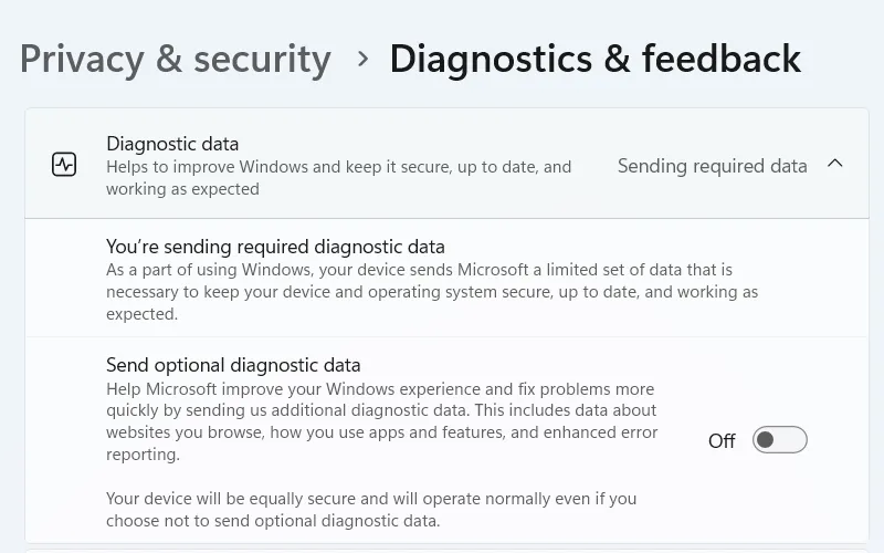 Tắt gửi dữ liệu chẩn đoán tùy chọn để giảm telemetry trên Windows 11