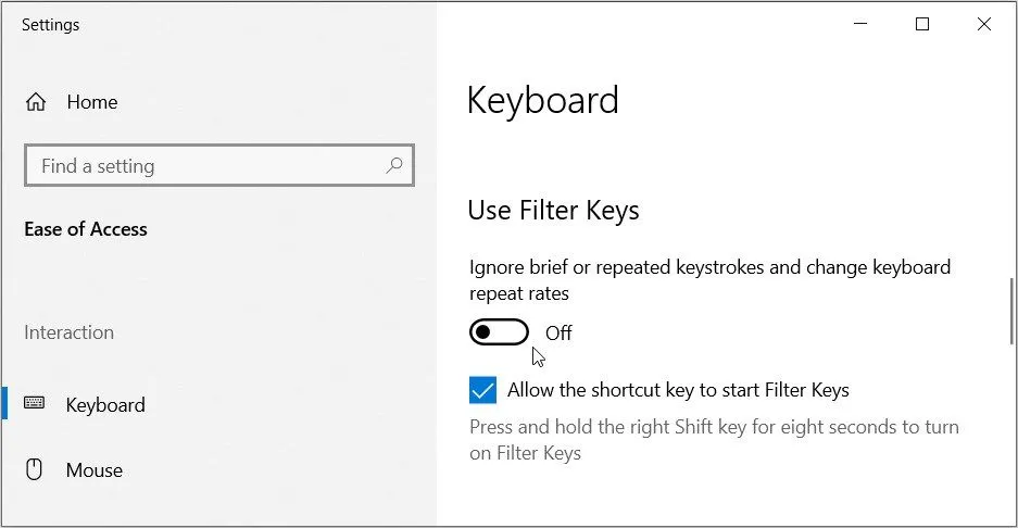 Tắt nút chuyển đổi Use Filter Keys trong cài đặt bàn phím