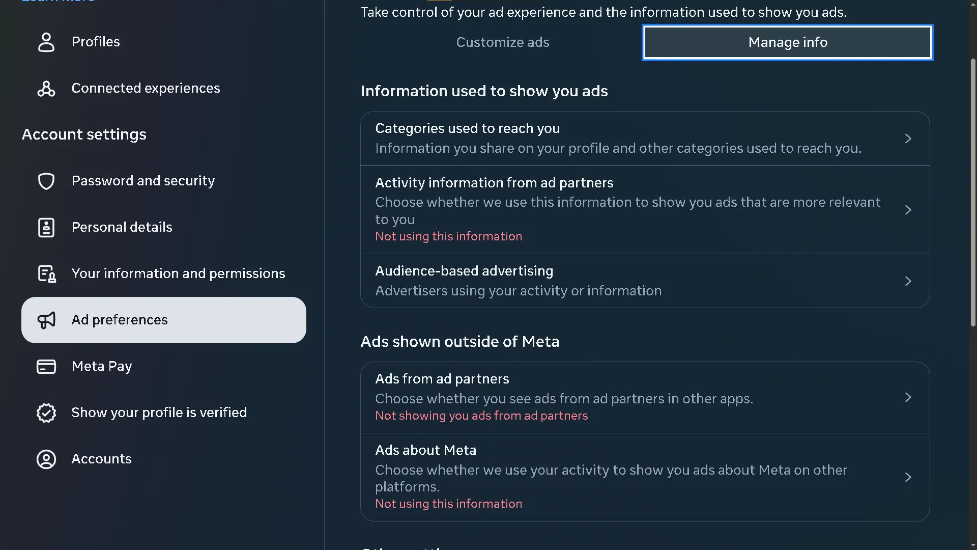 Tắt quảng cáo từ đối tác và thông tin hoạt động ngoài Meta trên Facebook