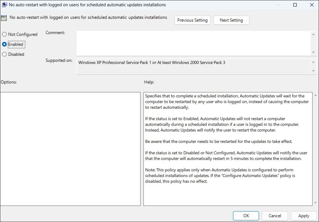 Tắt tự động khởi động lại cho chính sách cập nhật qua Group Policy