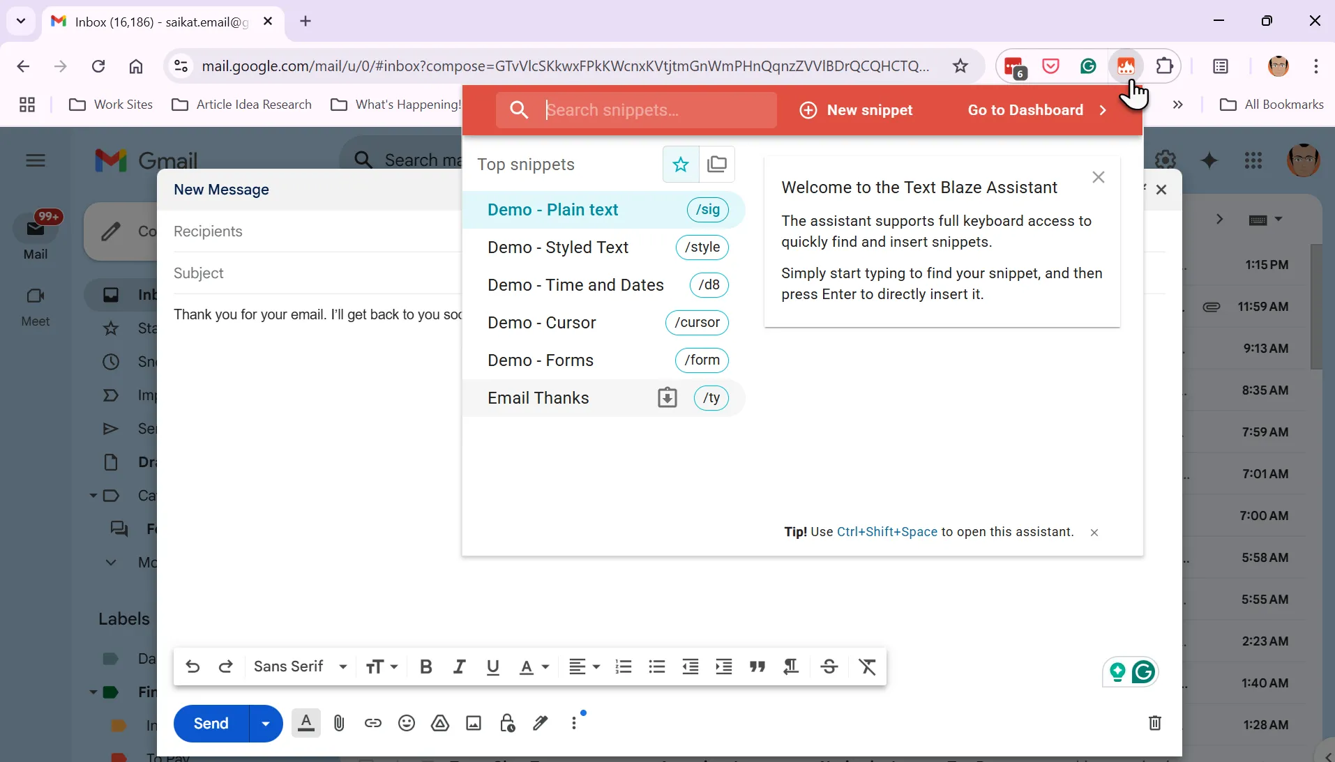 Text Blaze tự động mở rộng văn bản trong email, hiển thị cách phím tắt &quot;/ty&quot; được thay thế bằng một tin nhắn cảm ơn hoàn chỉnh giúp tiết kiệm thời gian.