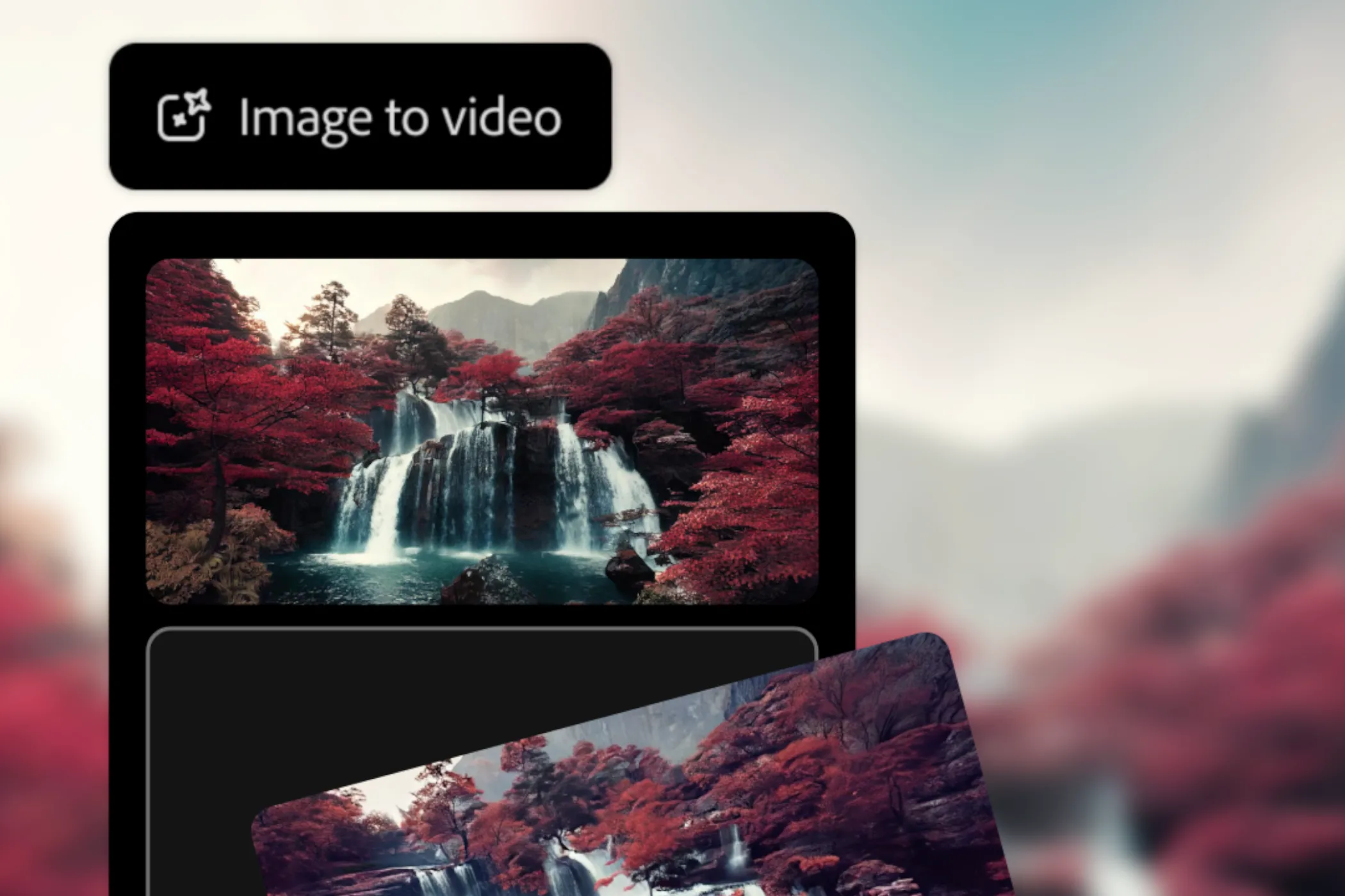 Thác nước phong cách Nhật Bản được tạo thành video từ hình ảnh tĩnh bằng Adobe Firefly, thể hiện khả năng chuyển đổi ảnh thành video AI ấn tượng.