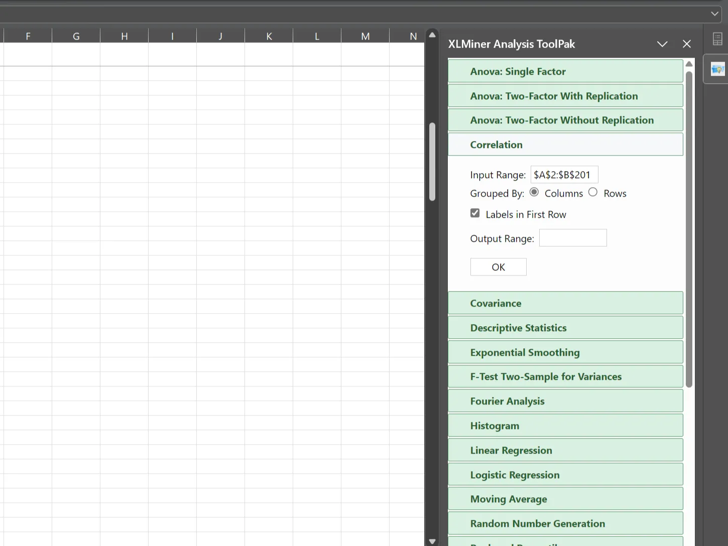 Thanh bên công cụ XLMiner Analysis ToolPak trong Excel