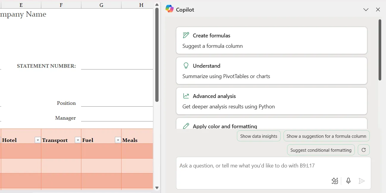 Thanh công cụ Copilot trong Excel giúp tạo công thức và phân tích dữ liệu hiệu quả