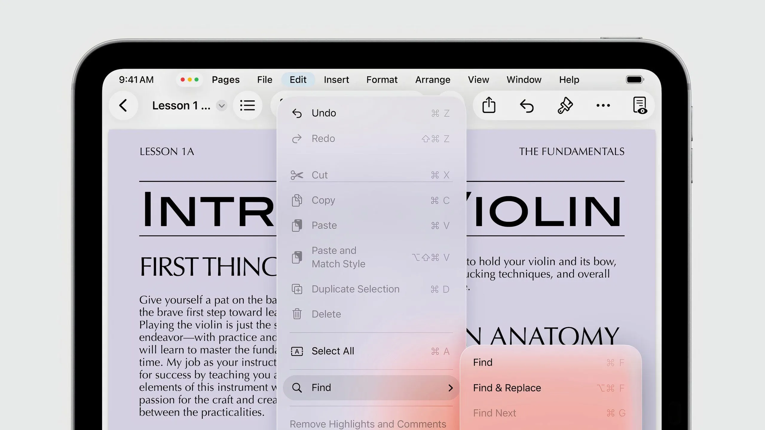 Thanh Menu Bar mới trên iPadOS 26, hiển thị các tùy chọn chỉnh sửa, chèn và định dạng, mang lại trải nghiệm tương tự macOS cho người dùng iPad.