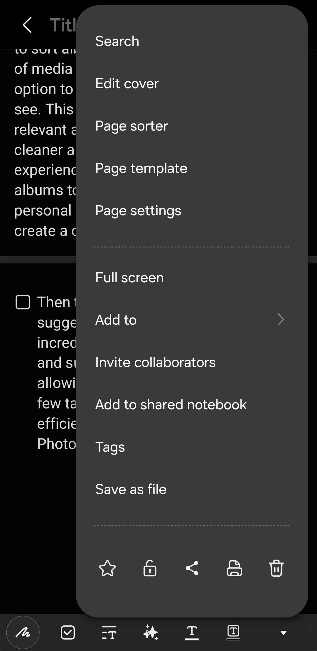 Thanh menu tùy chọn xuất file đa dạng trong Samsung Notes
