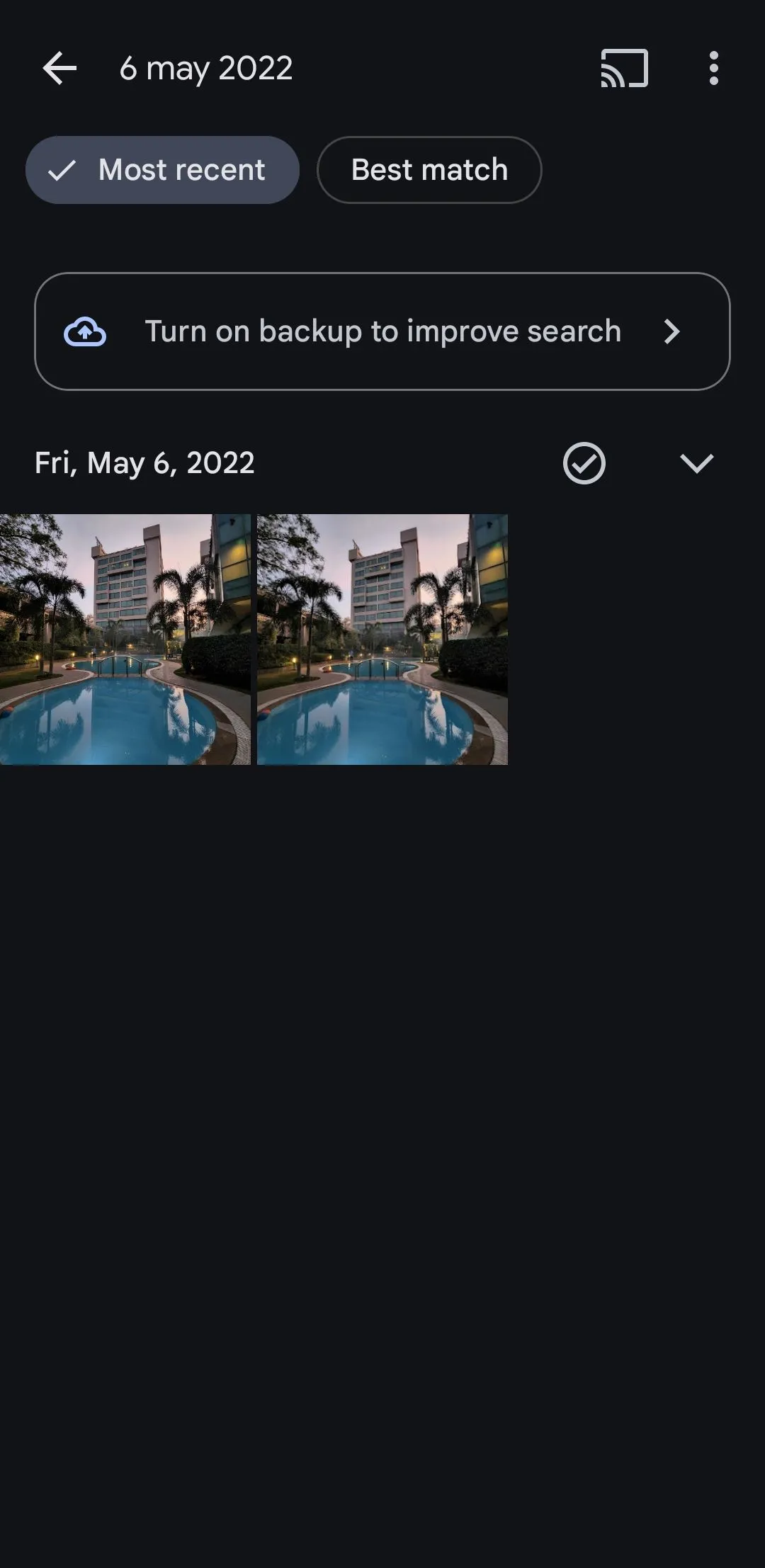 Thanh tìm kiếm trong Google Photos hiển thị kết quả khi tìm ảnh theo ngày tháng cụ thể.