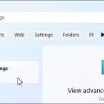 Thanh tìm kiếm Windows 11 hiển thị kết quả "view advanced system settings" để cấu hình SDelete.