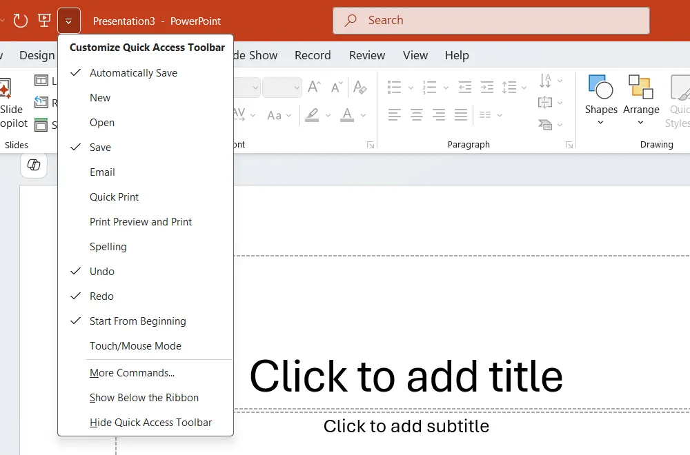 Thanh truy cập nhanh Quick Access Toolbar trong PowerPoint, hiển thị các lệnh thường dùng được ghim.