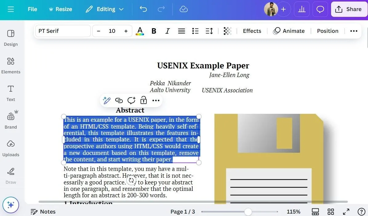Thao tác chỉnh sửa file PDF trong ứng dụng Canva trên máy tính, minh họa việc thay đổi văn bản và hình ảnh trực tiếp trên PDF.