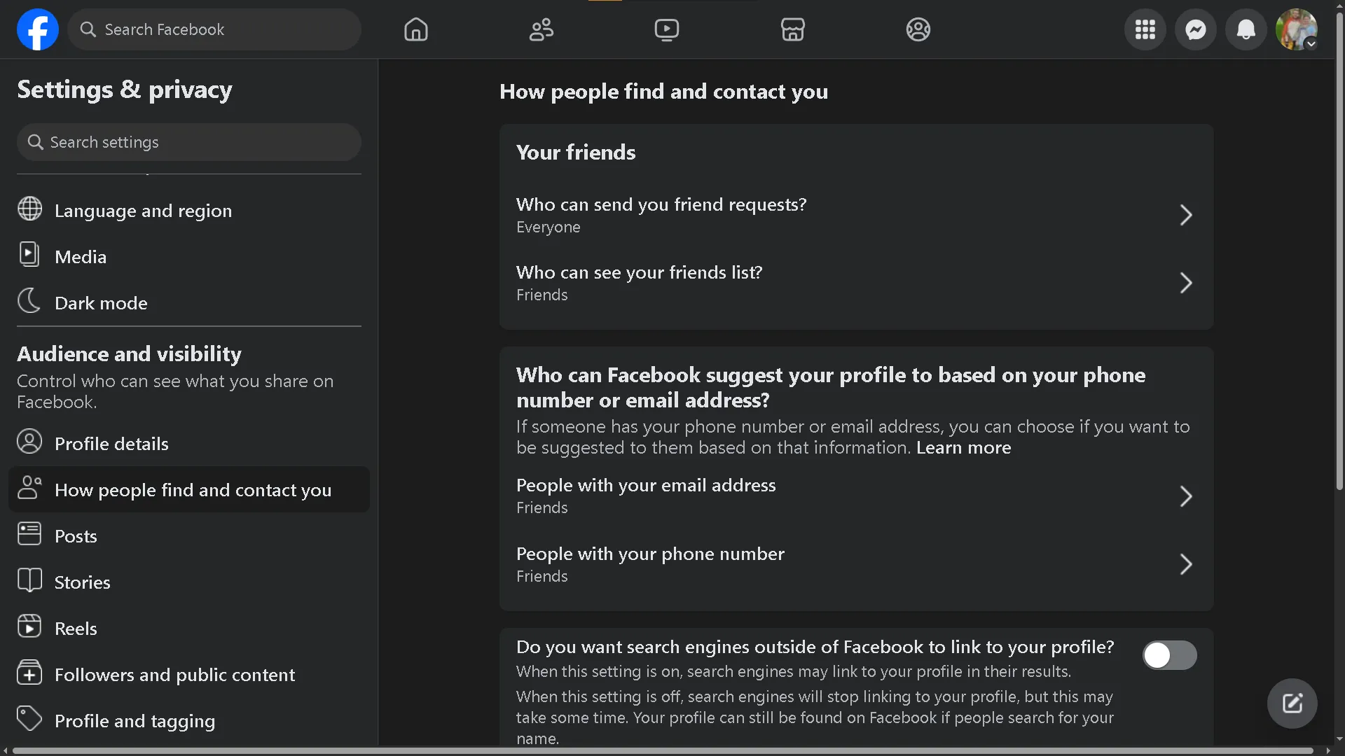 Thay đổi cài đặt quyền riêng tư để kiểm soát ai có thể tìm và liên hệ bạn trên Facebook