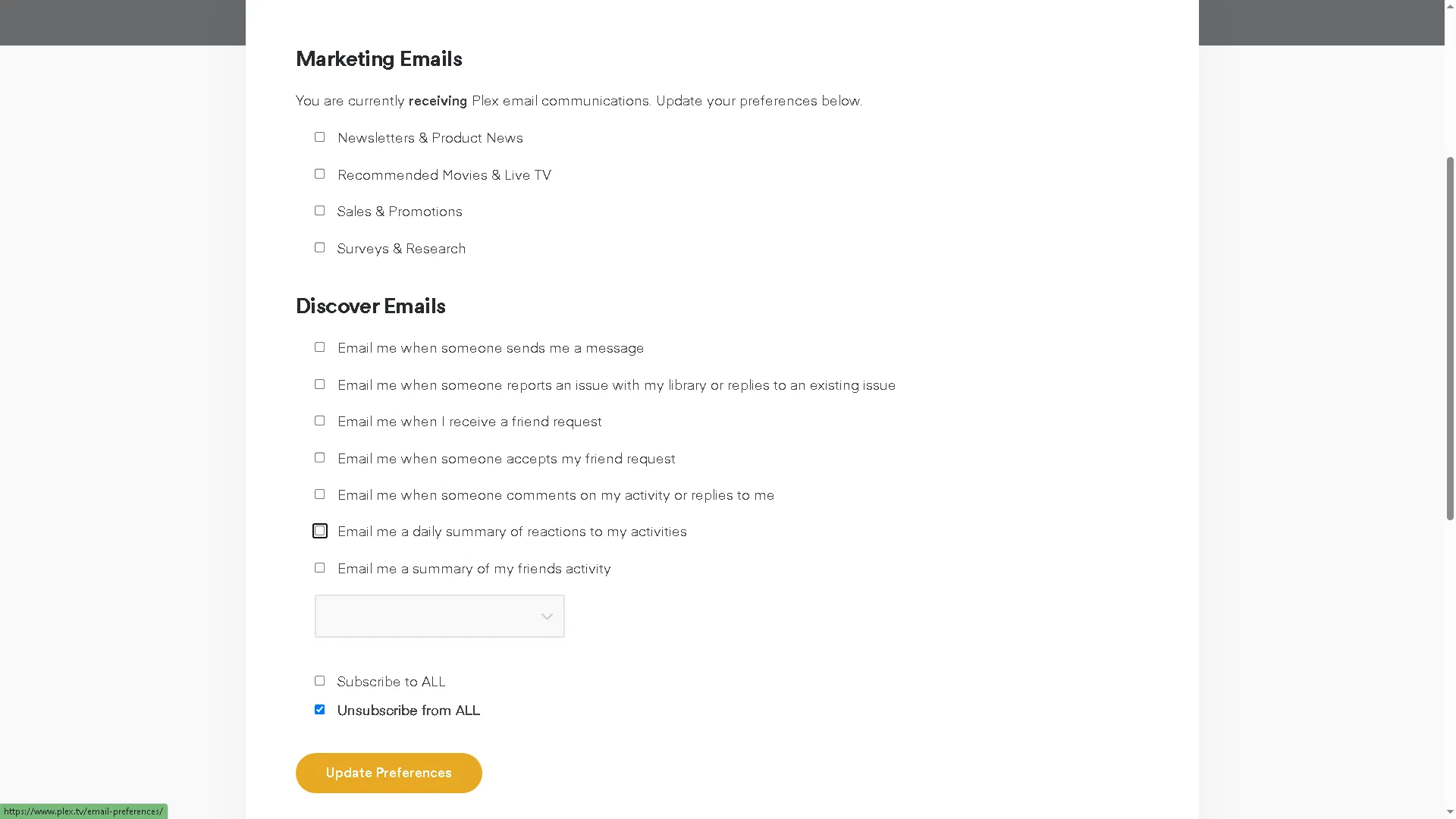 Thay đổi tùy chọn email tiếp thị của Plex trong menu tùy chọn email