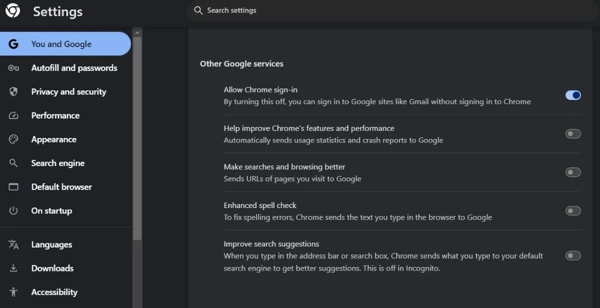 Thẻ Bạn và Google trong Chrome hiển thị các tùy chọn thu thập dữ liệu tìm kiếm và duyệt web