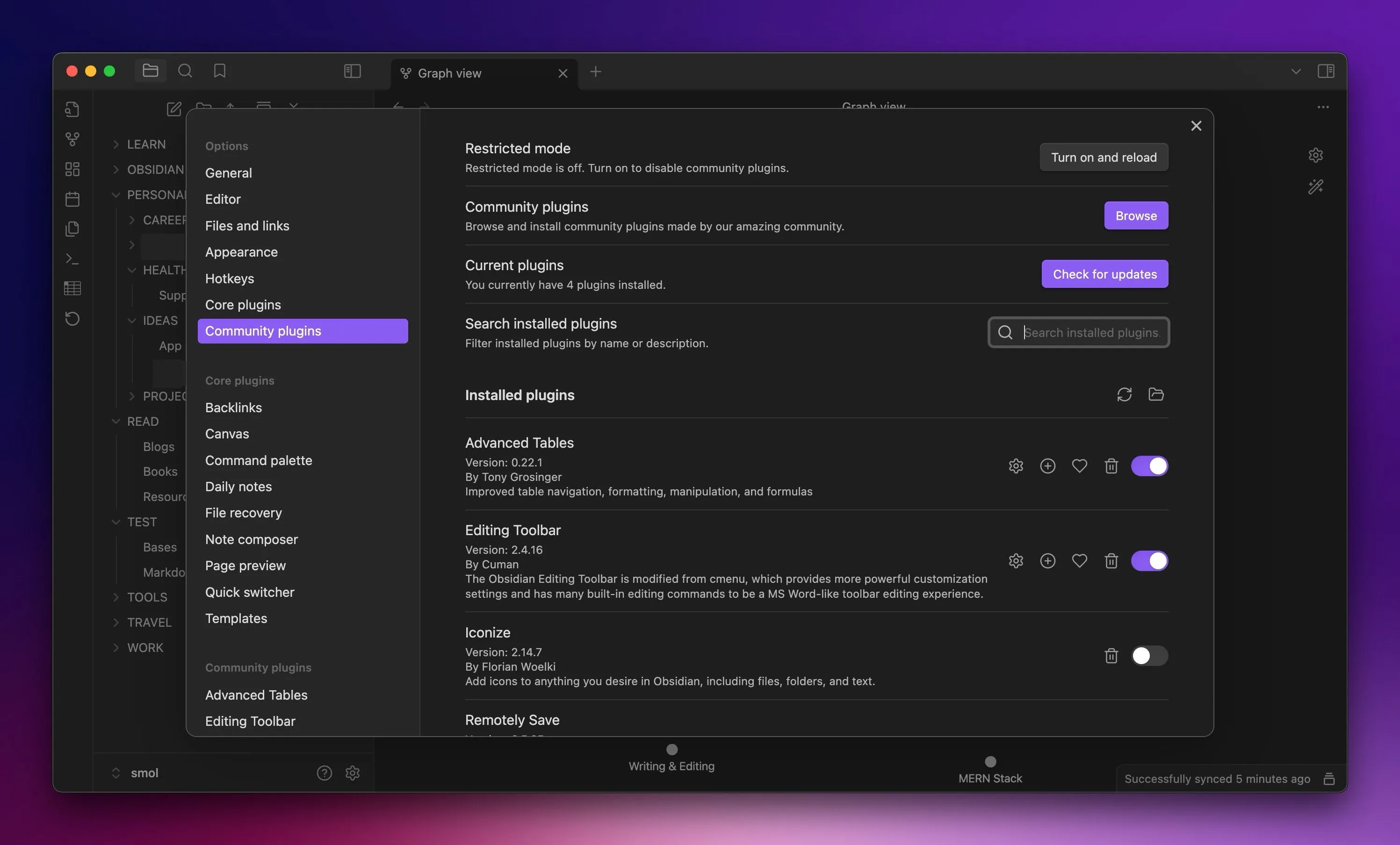 Thẻ Community Plugins trong cài đặt Obsidian trên máy Mac, cho thấy kho plugin phong phú mở rộng chức năng ứng dụng.