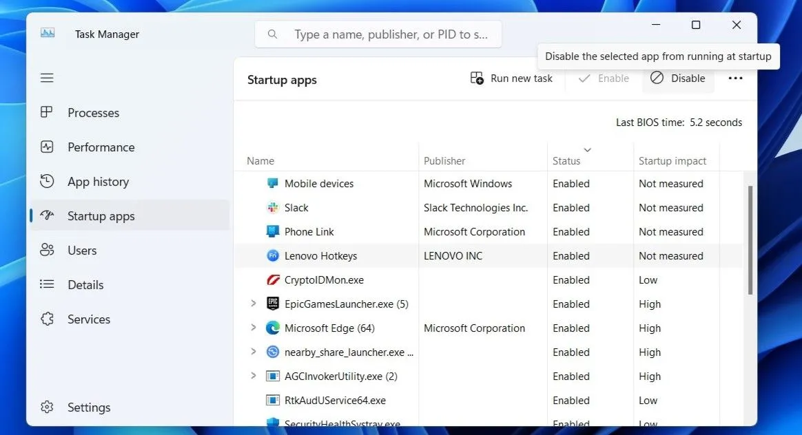 Thẻ Ứng dụng khởi động trong Trình quản lý tác vụ trên Windows 11