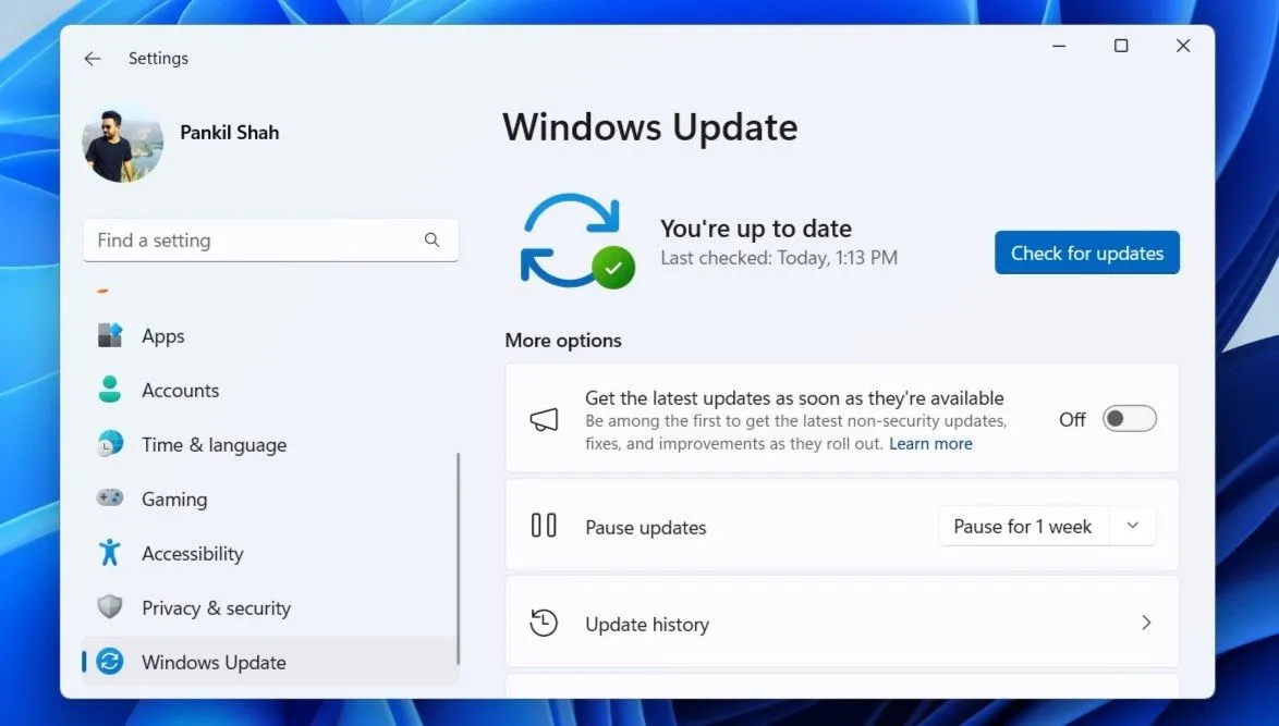 Thẻ Windows Update trong ứng dụng Cài đặt Windows