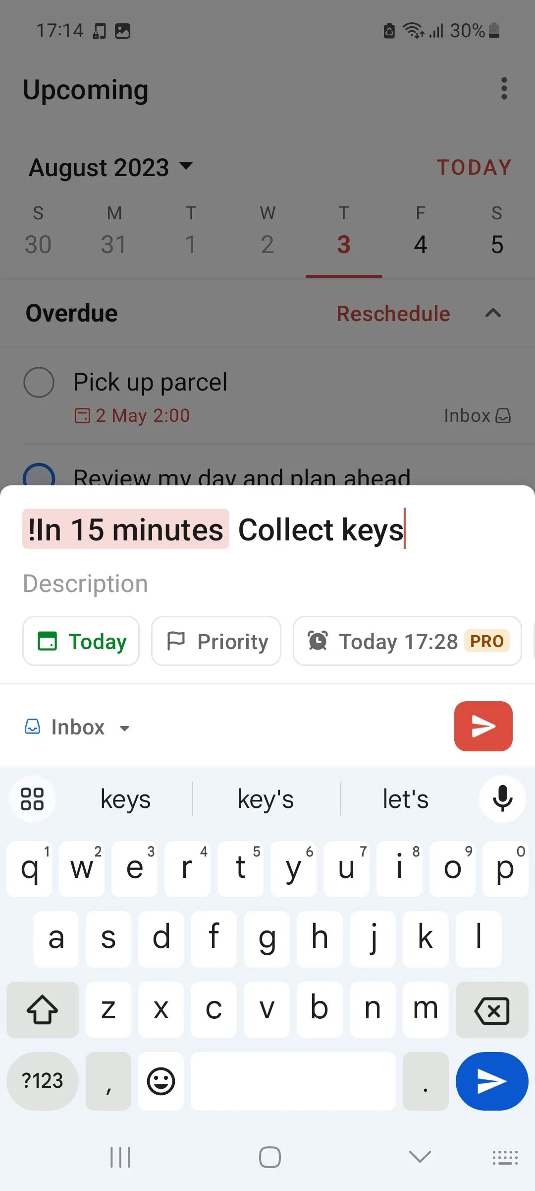 Thêm một nhiệm vụ ngắn hạn mới vào Todoist, cho thấy sự dễ dàng trong việc nhập liệu và đặt ưu tiên cho các mục tiêu hàng ngày.