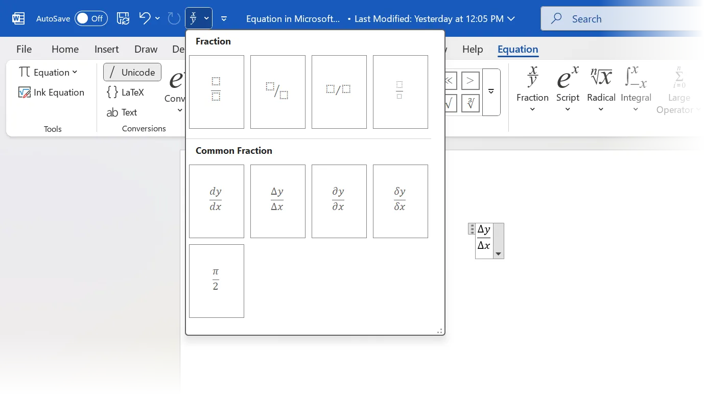 Thêm nút Equation vào thanh Quick Access Toolbar để truy cập nhanh các công cụ viết công thức toán trong Word.