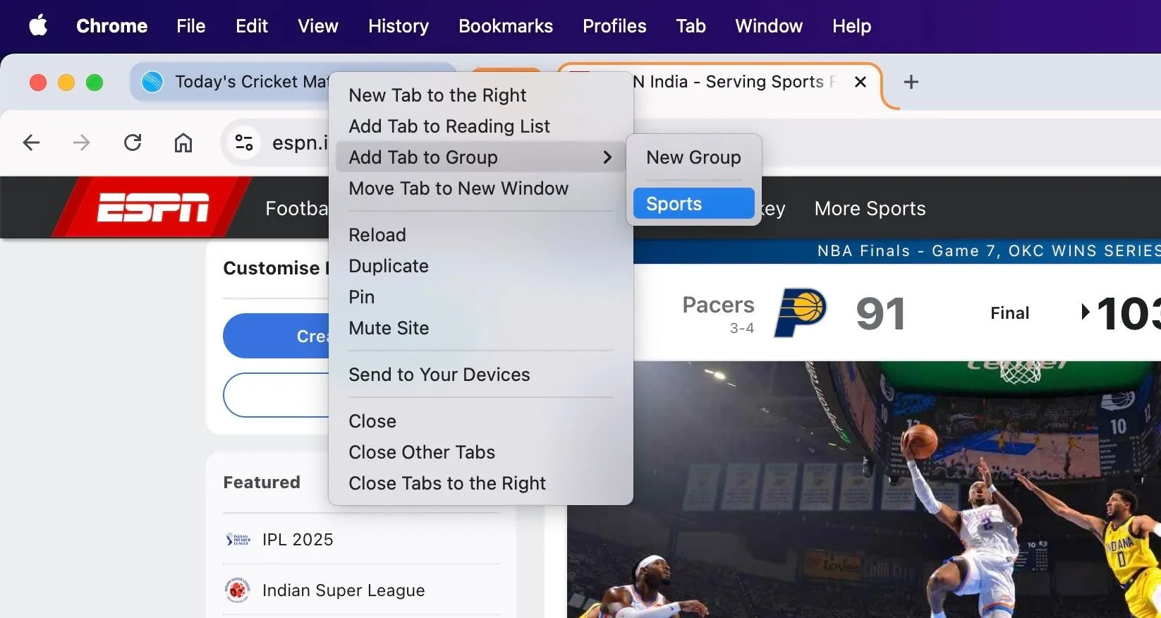 Thêm tab thứ hai vào Nhóm Tab trên Chrome (Mac)