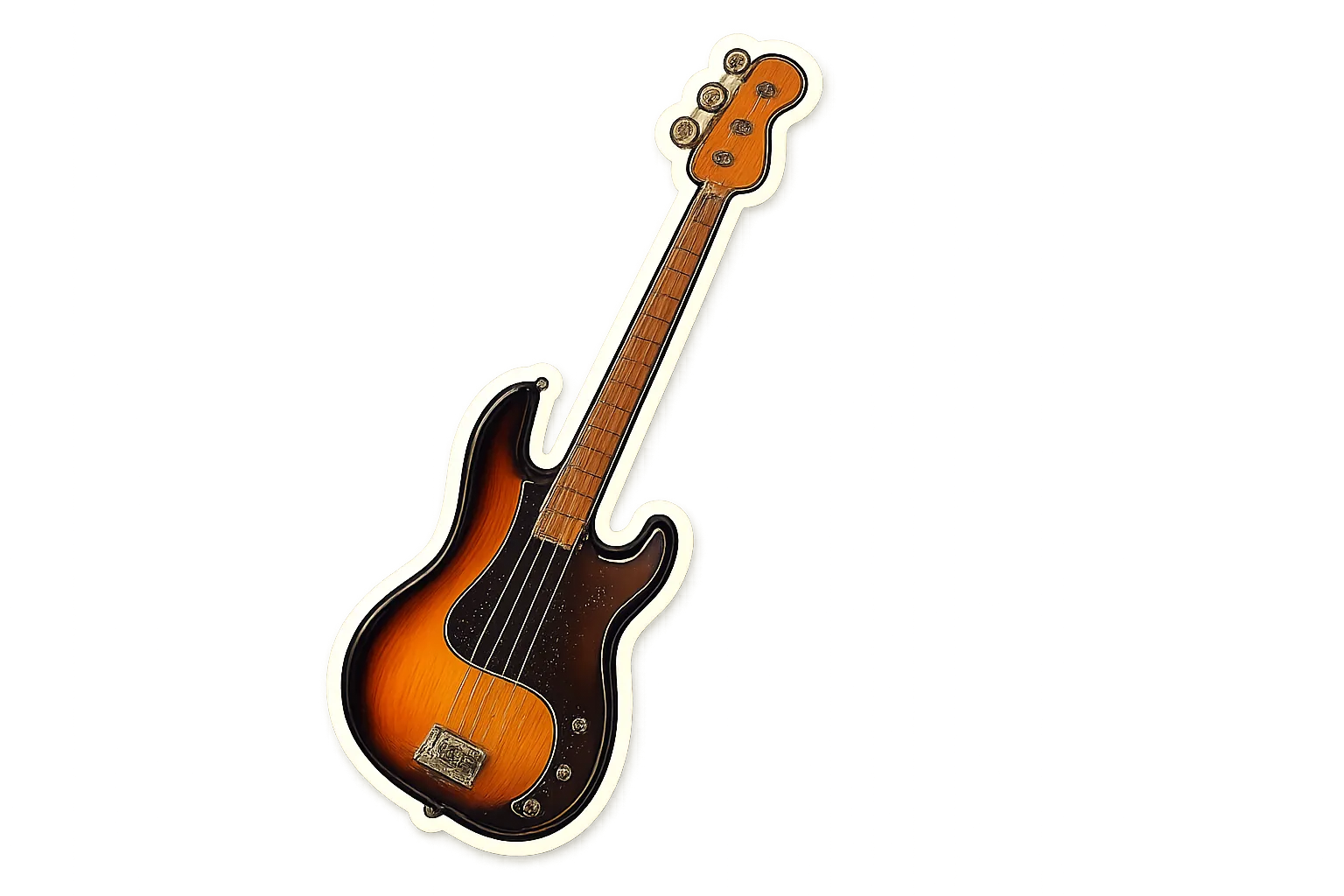 Thiết kế sticker cắt sẵn (die-cut) một cây đàn guitar bass điện màu sunburst, hoàn hảo cho việc in ấn từ AI art.