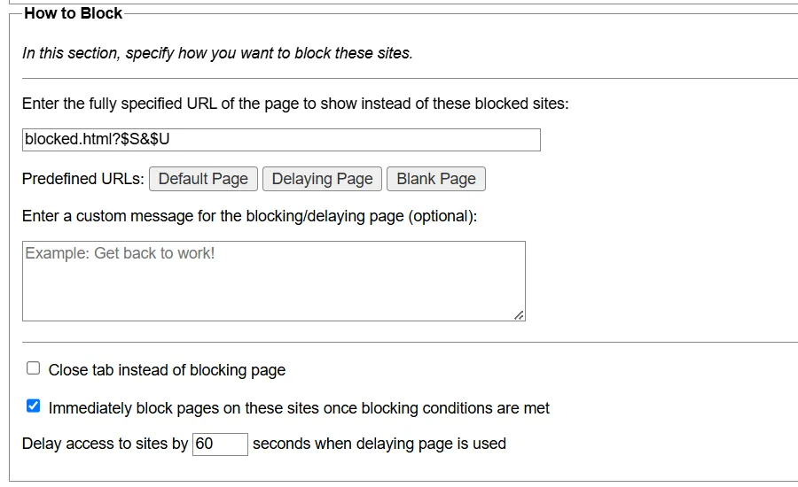 Thiết lập cách chặn website tức thì trong phần &quot;How to Block&quot; của tiện ích LeechBlock NG trên Chrome.