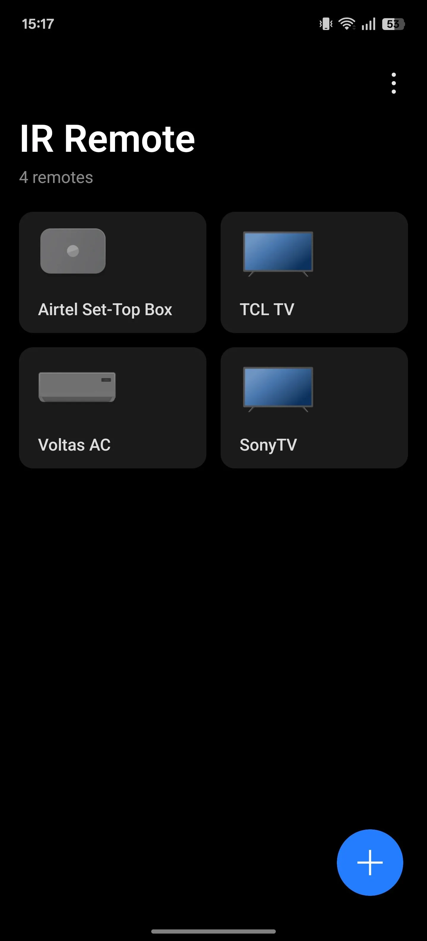 Thiết lập điều khiển hồng ngoại: Màn hình chính ứng dụng IR Remote hiển thị các tùy chọn thiết lập mới
