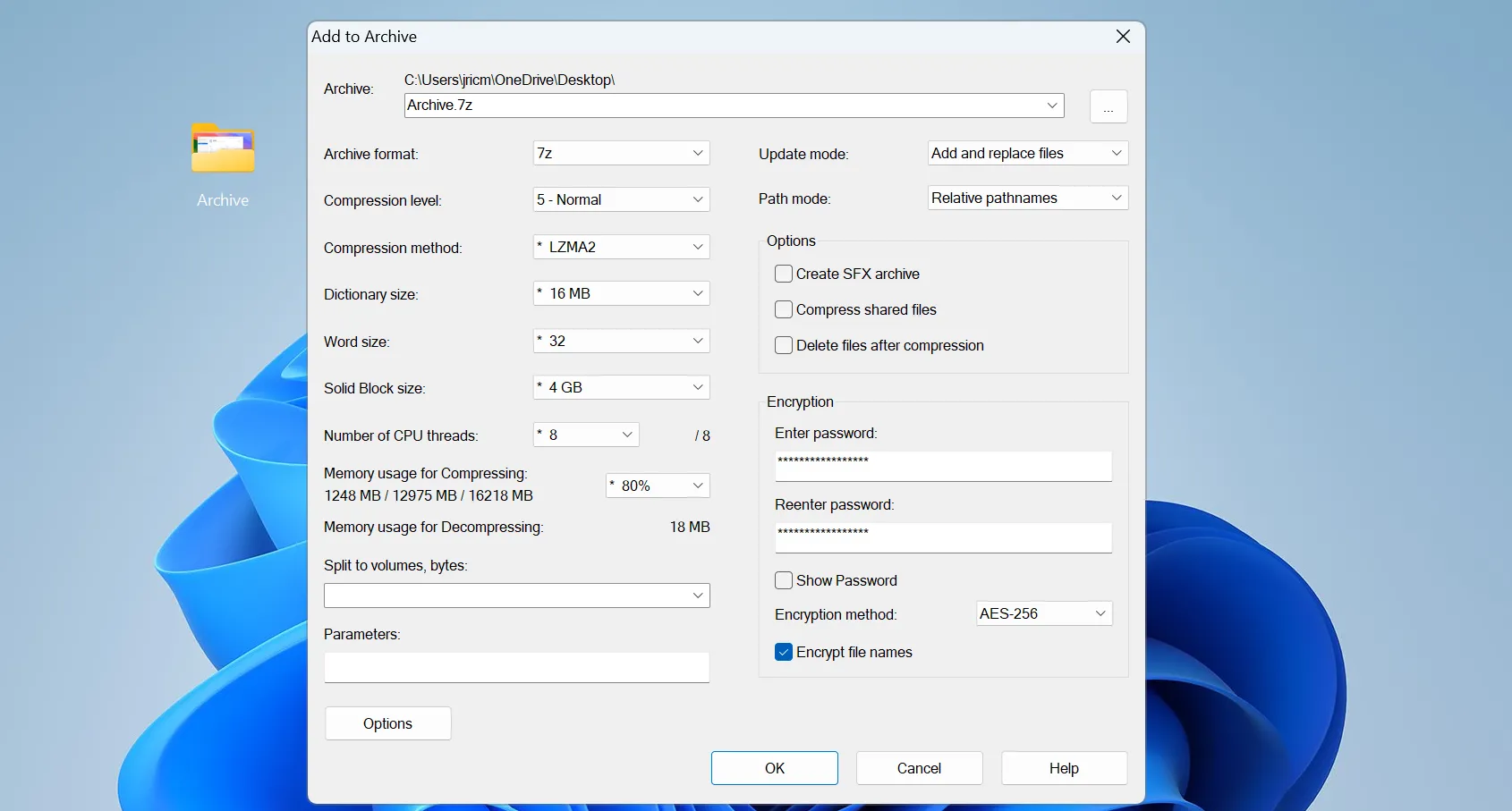 Thiết lập mật khẩu và tùy chọn mã hóa tên file trong 7-Zip để bảo vệ dữ liệu