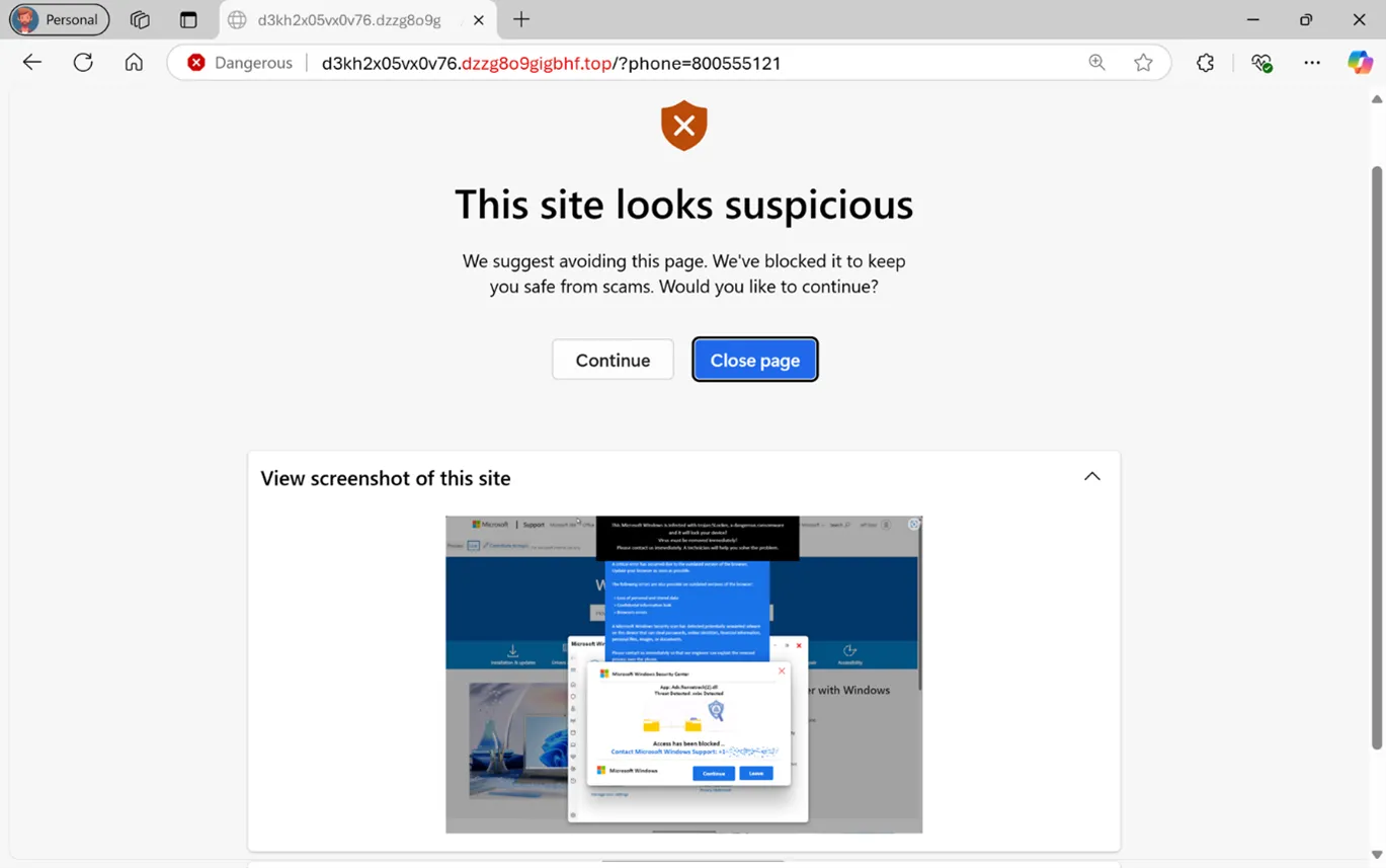 Thông báo cảnh báo từ trình chặn Scareware AI trên Microsoft Edge