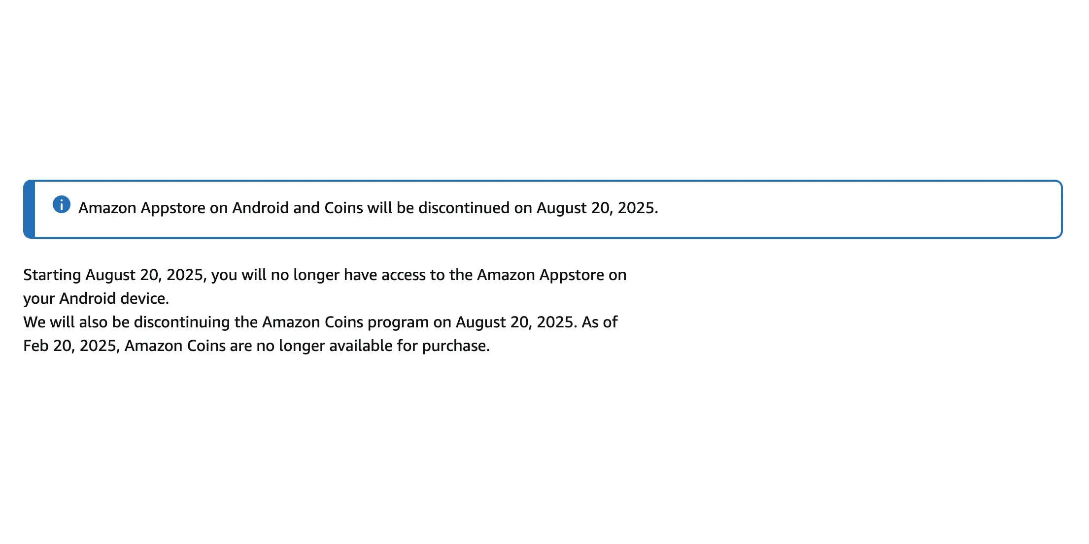 Thông báo chính thức từ Amazon về việc ngừng hoạt động của Amazon Appstore trên Android vào tháng 8 năm 2025