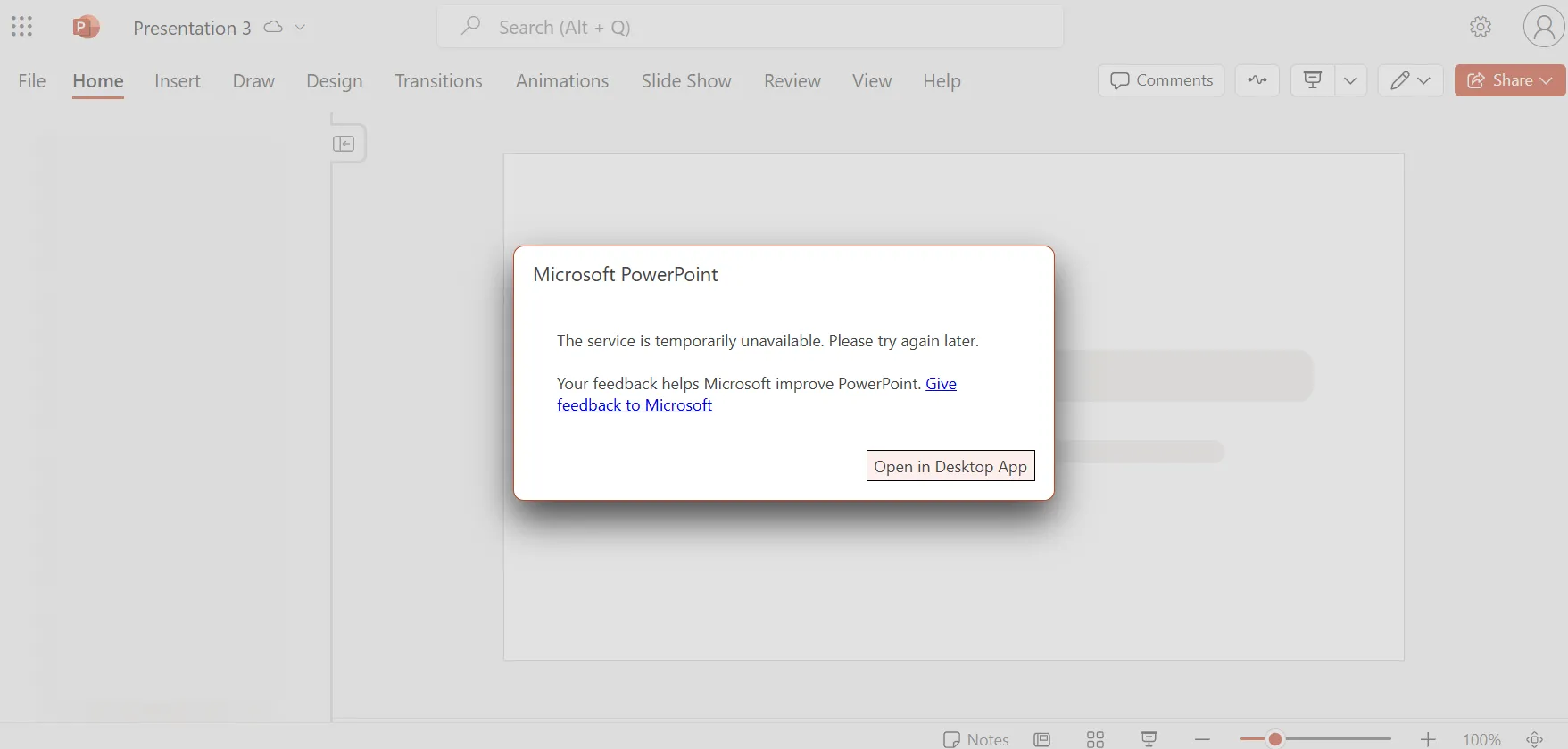 Thông báo lỗi hiển thị trên PowerPoint Online khi người dùng cố gắng mở một mẫu thuyết trình, yêu cầu chuyển sang ứng dụng desktop.