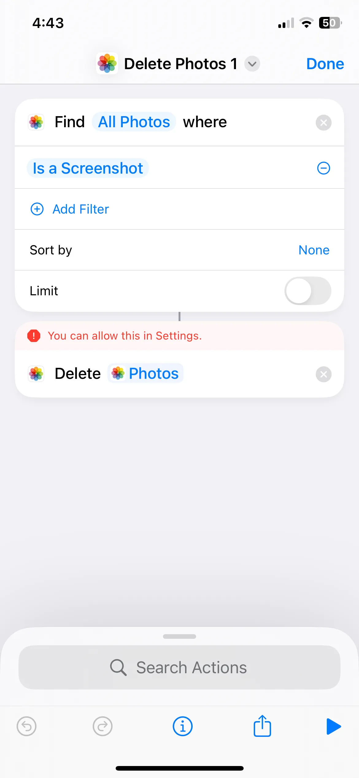 Thông báo lỗi khi ứng dụng Phím tắt không có quyền xóa ảnh hàng loạt trên iPhone
