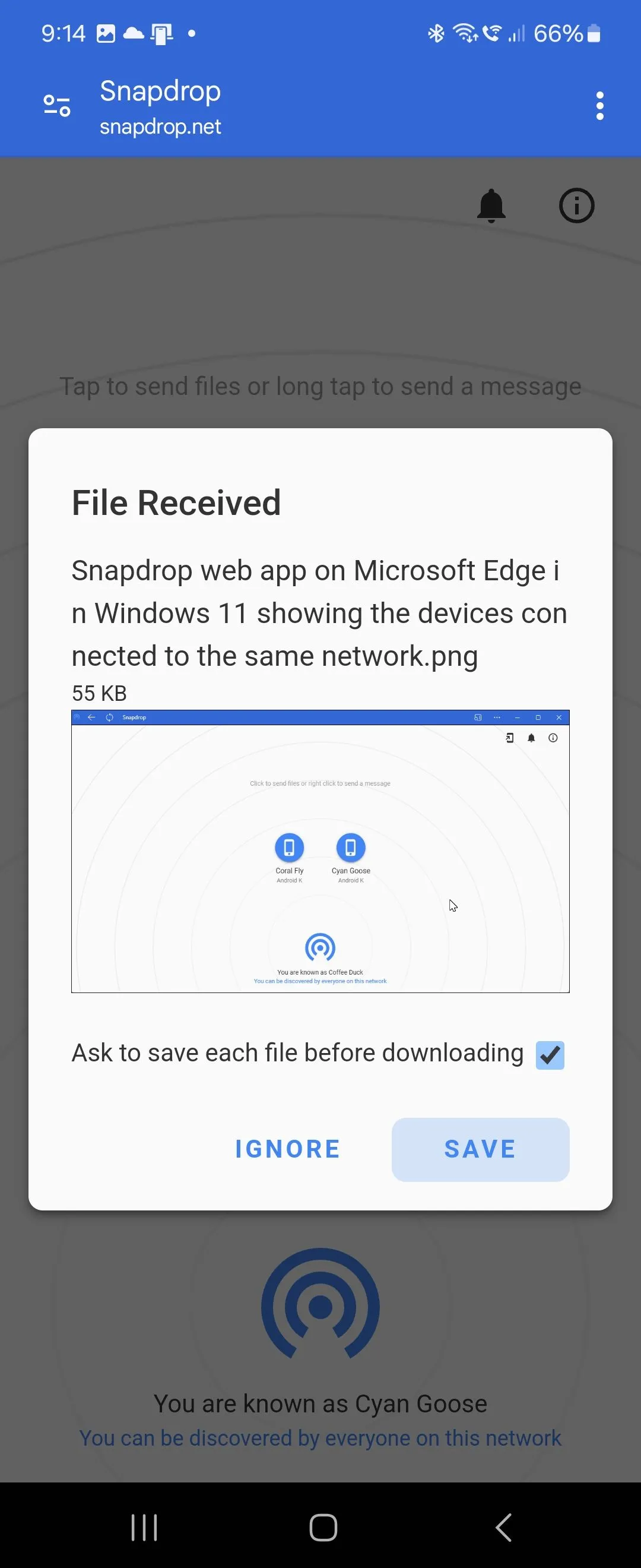 Thông báo tệp đã nhận từ Snapdrop trên điện thoại Android