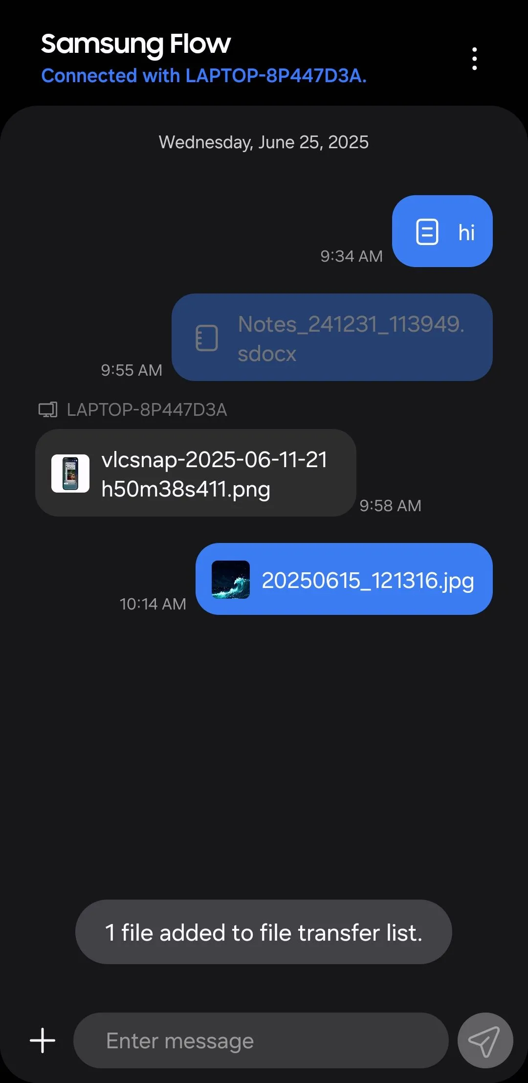 Thông báo xác nhận tệp đã được gửi thành công trong ứng dụng Samsung Flow trên điện thoại.