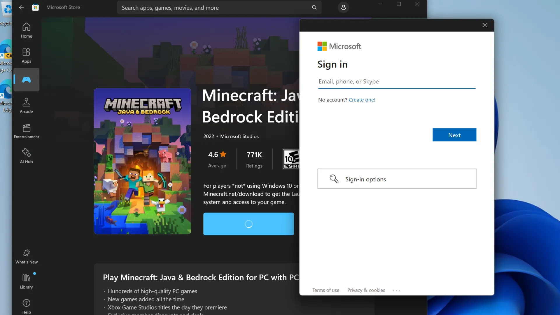 Thông báo yêu cầu đăng nhập tài khoản Microsoft khi mua ứng dụng trên Microsoft Store.