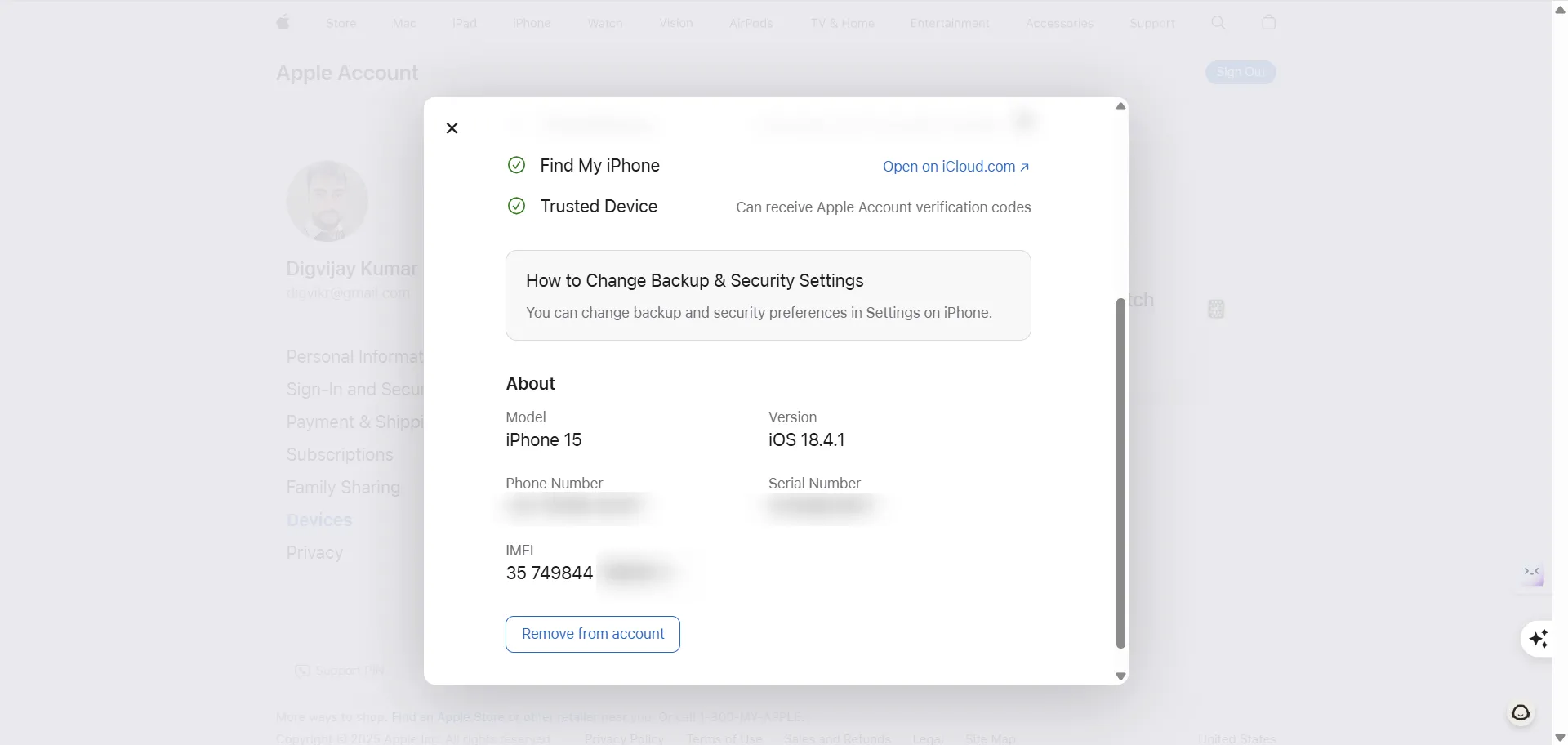 Thông tin chi tiết iPhone trong mục Thiết bị trên tài khoản Apple ID, hiển thị số IMEI