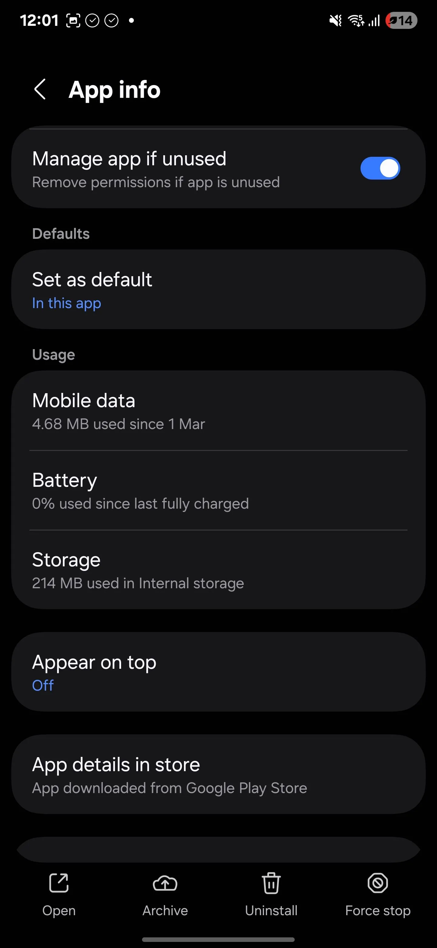 Thông tin chi tiết về ứng dụng trong menu cài đặt của điện thoại Samsung