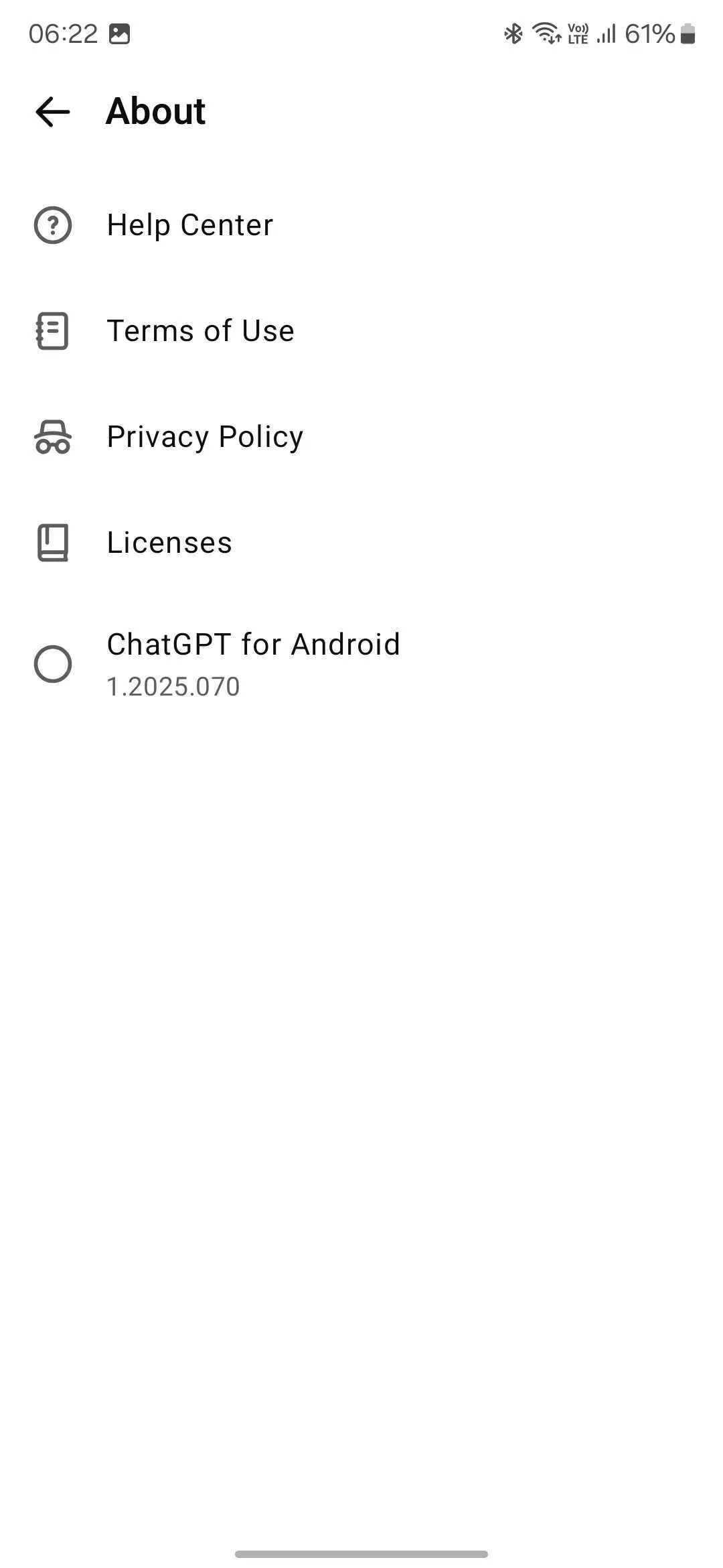 Thông tin phiên bản ứng dụng ChatGPT cho Android trong cài đặt