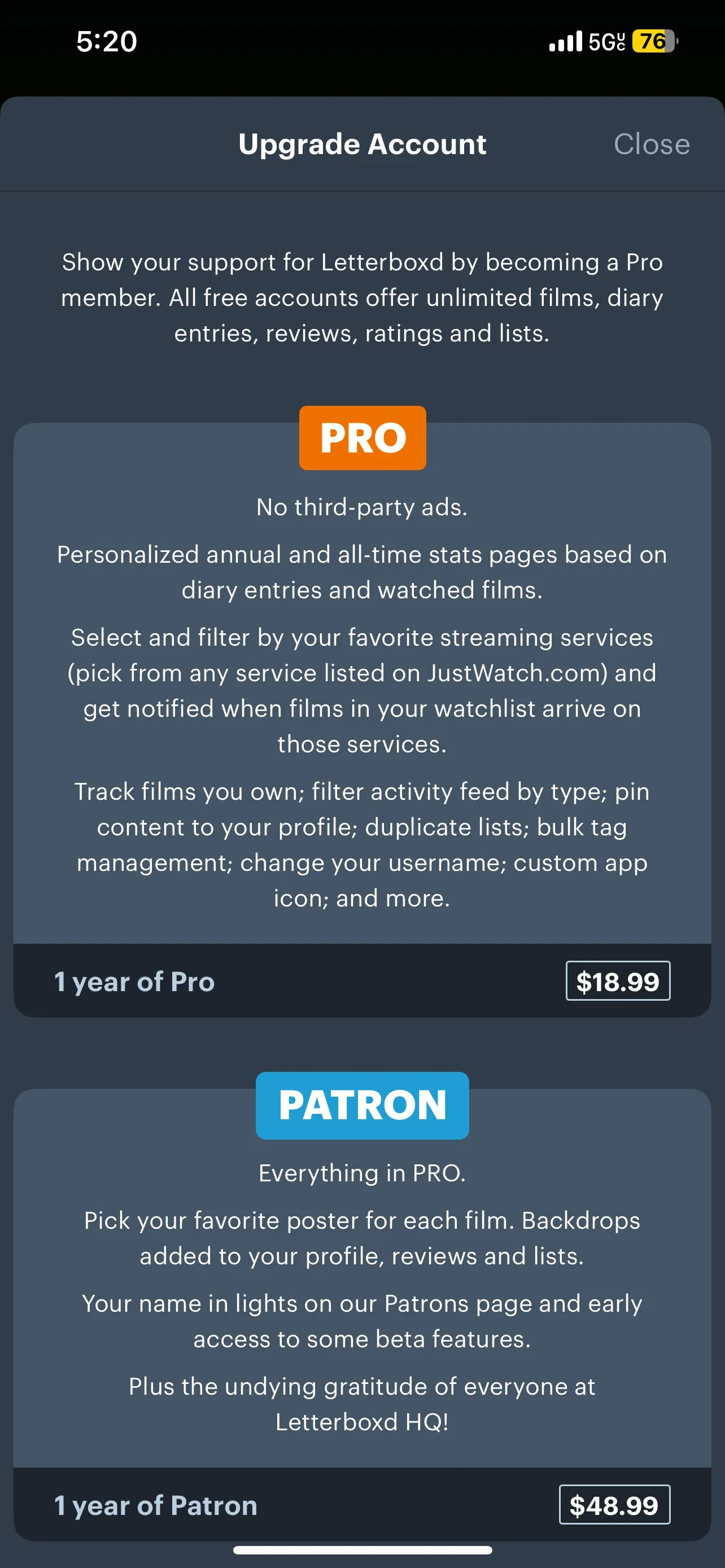 Thông tin về các gói đăng ký Letterboxd PRO và Patron với các lợi ích cao cấp