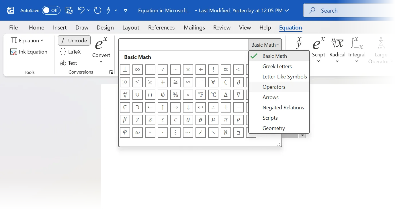 Thư viện ký hiệu toán học trong Word Equation Editor, cho phép chèn nhiều loại biểu tượng khác nhau.