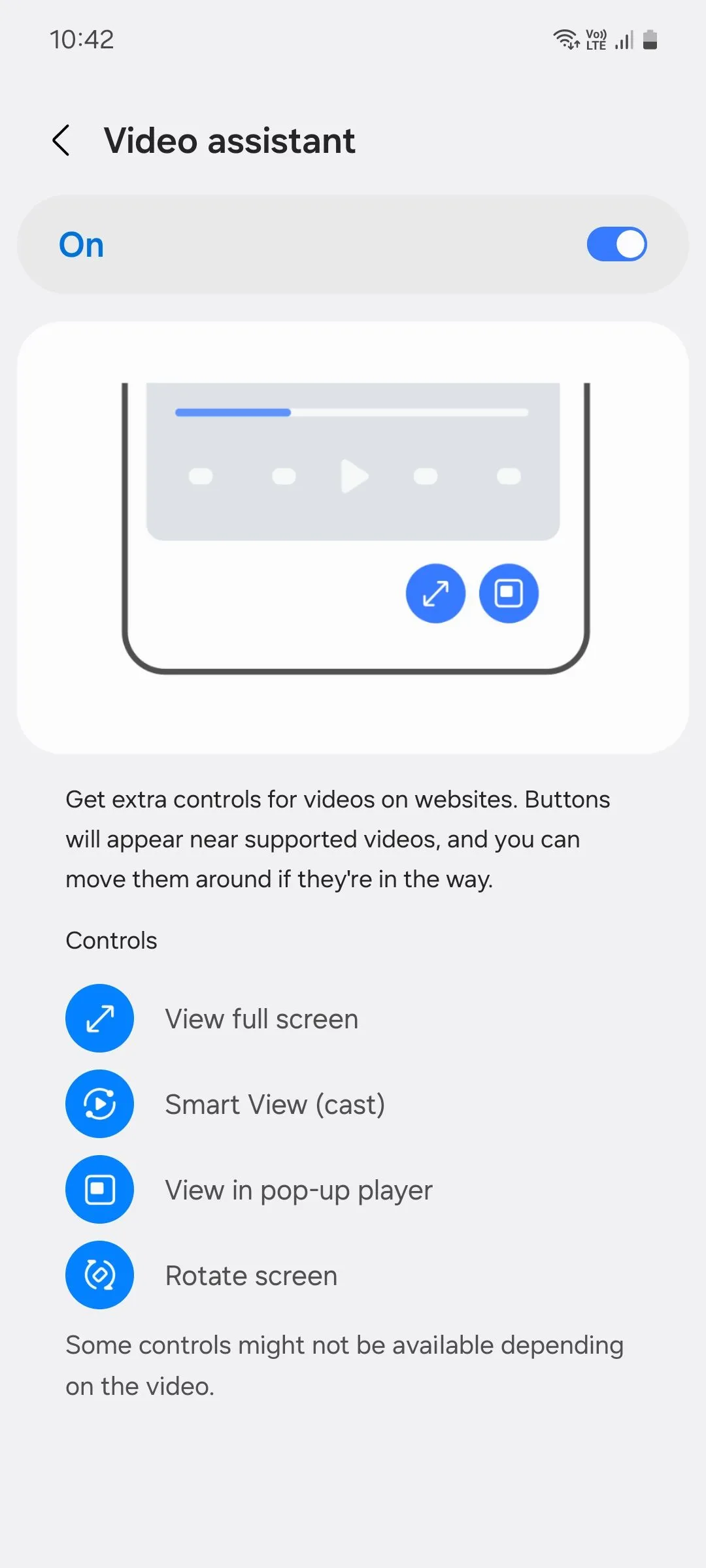 Thực đơn Trợ lý Video trên trình duyệt Samsung Internet