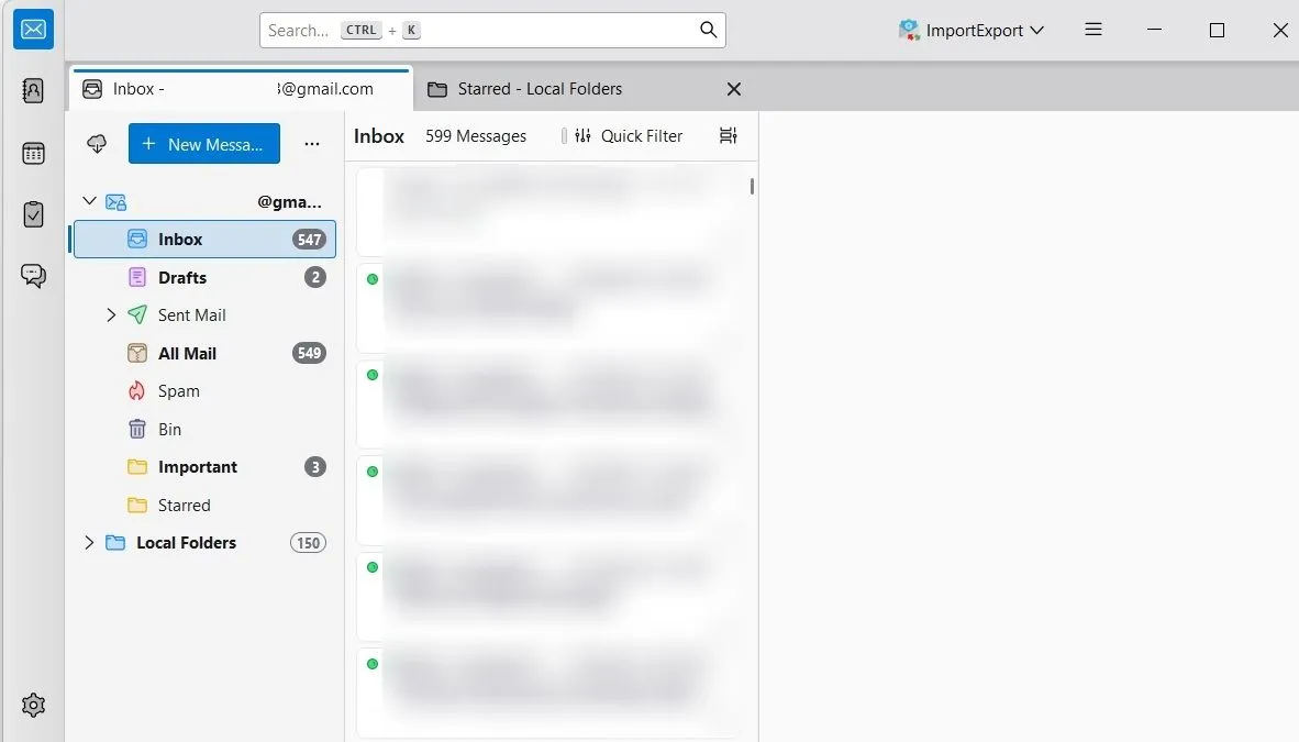 Thunderbird hiển thị thư mục cục bộ và tài khoản Gmail đã thêm