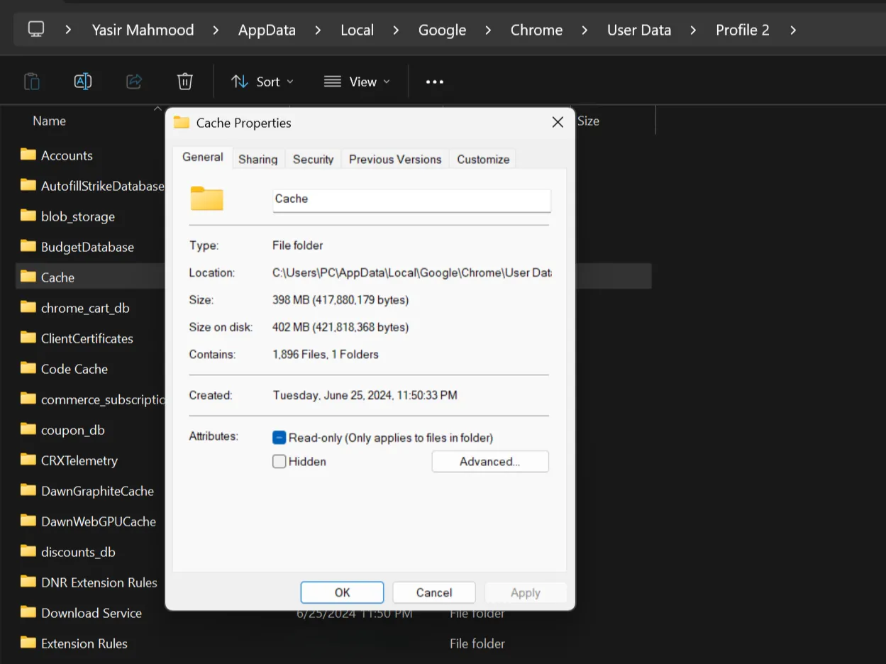 Thuộc tính thư mục cache của Google Chrome trên Windows, hiển thị dung lượng bộ nhớ đệm.
